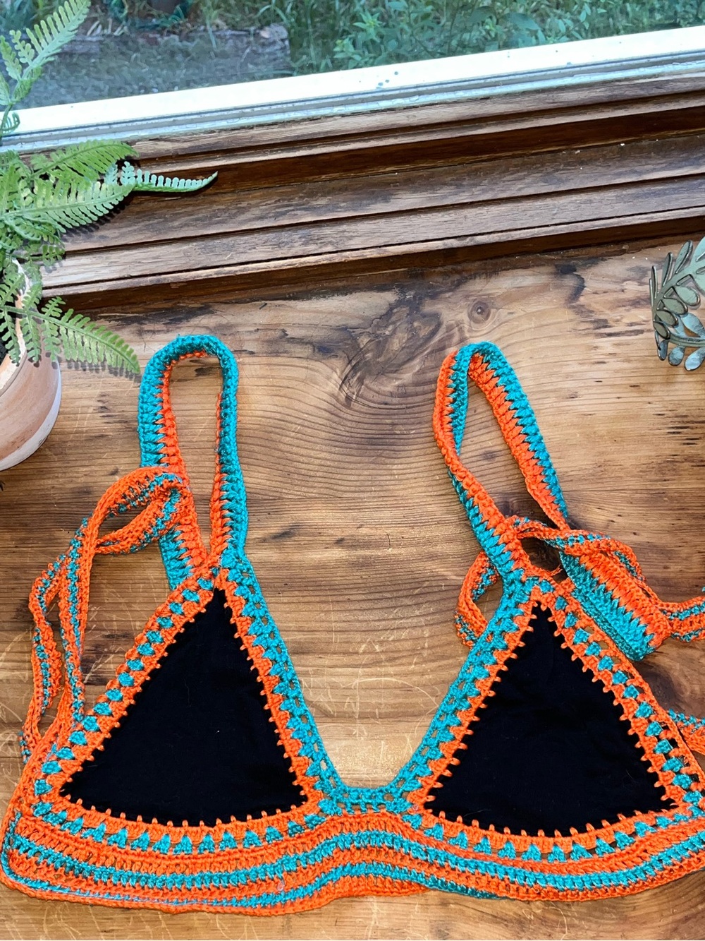 Topshop Black Bikini Top with Orange and Teal Crochet Trim
